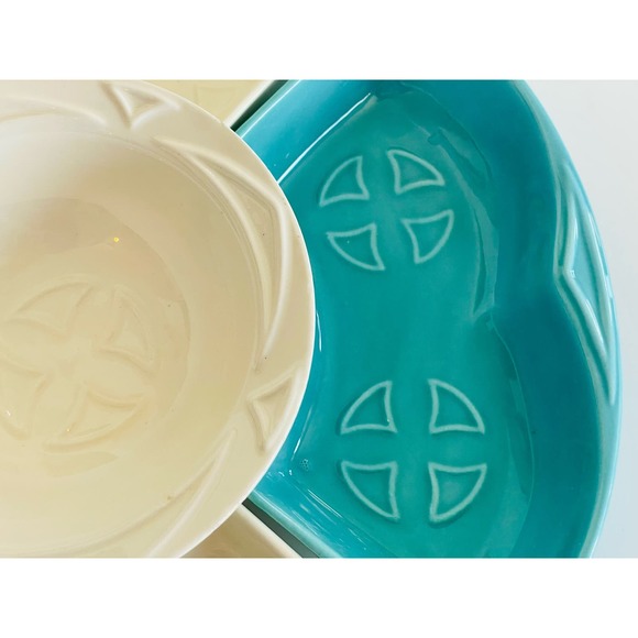 VTG 5 pc Set Maurice California Pottery S-14 Dip Dishes & Bowl USA Teal Cream - Picture 4 of 10